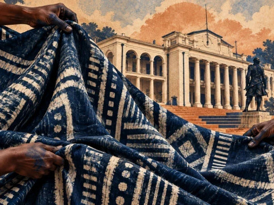 Indigo-stained hands hold a large patterned blue cloth in front of a grand civic building, linking Àdìrẹ textile craft with Ibadan and place-based cultural memory.
