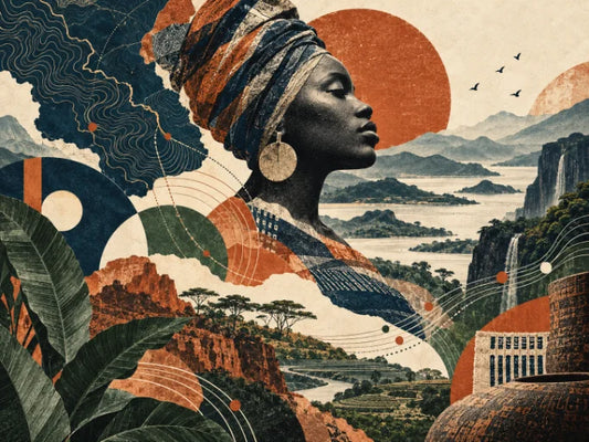 Heritage design collage of a woman in a patterned headwrap, set against mountains, a setting sun and tropical leaves.