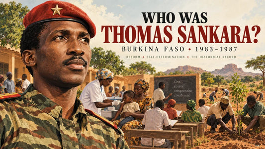 Editorial typography reading Thomas Sankara and Burkina Faso, with geometric shapes and the dates 1983–1987.