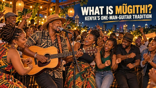 Mũgithi guitarist singing as a standing crowd dances and sings along at an open-air night venue