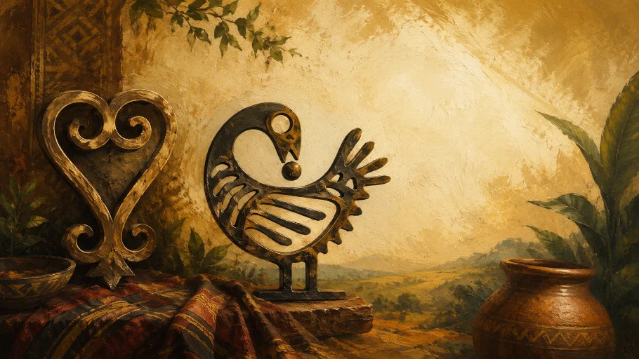 Painterly composition showing the backward-looking Sankofa bird and the heart-shaped Sankofa form together among warm carved, woven and brass-like textures.