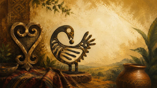 Painterly composition showing the backward-looking Sankofa bird and the heart-shaped Sankofa form together among warm carved, woven and brass-like textures.