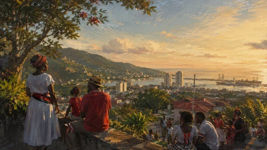 Painterly scene of families overlooking a Trinidad and Tobago coastal city at sunset, with green hills, the harbor and warm evening light in the distance.