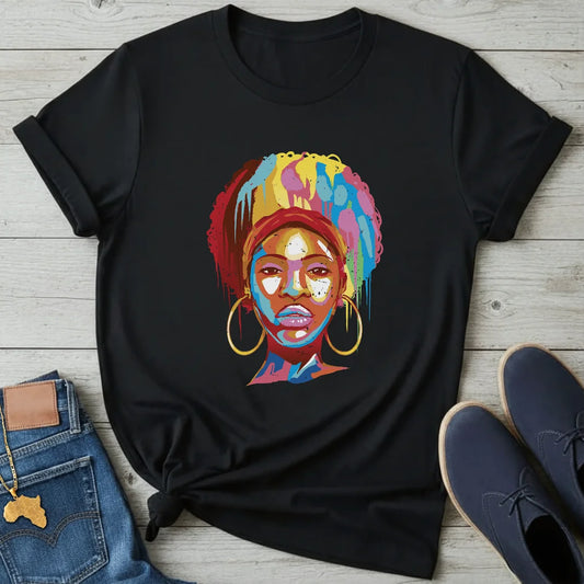 Color-Drip Afro Portrait T-Shirt