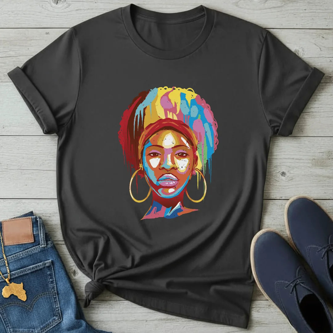 Color-Drip Afro Portrait T-Shirt