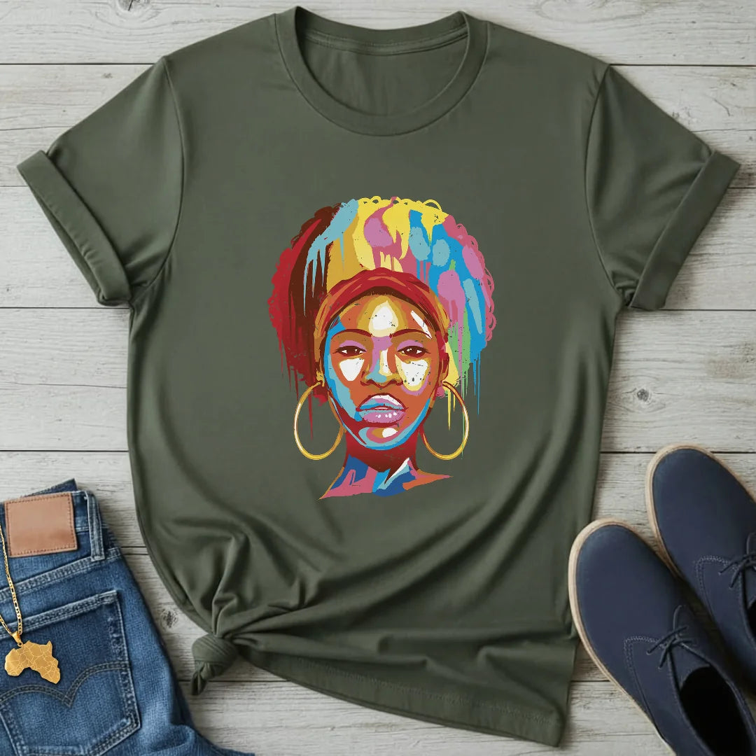 Color-Drip Afro Portrait T-Shirt