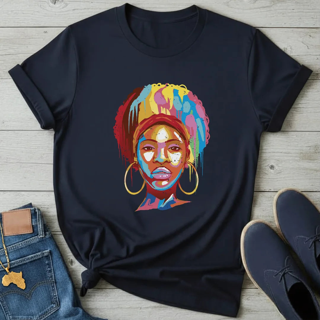 Color-Drip Afro Portrait T-Shirt