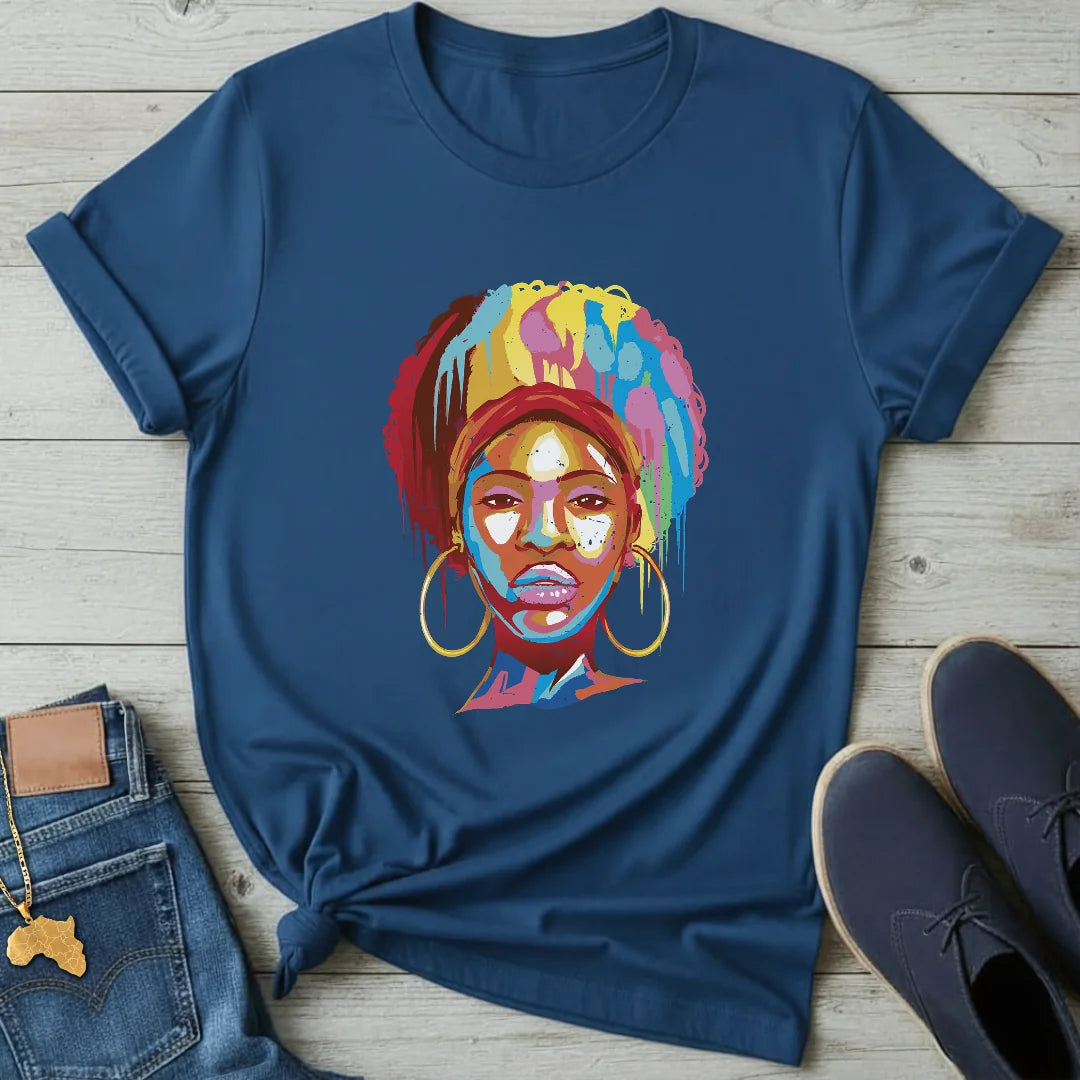 Color-Drip Afro Portrait T-Shirt