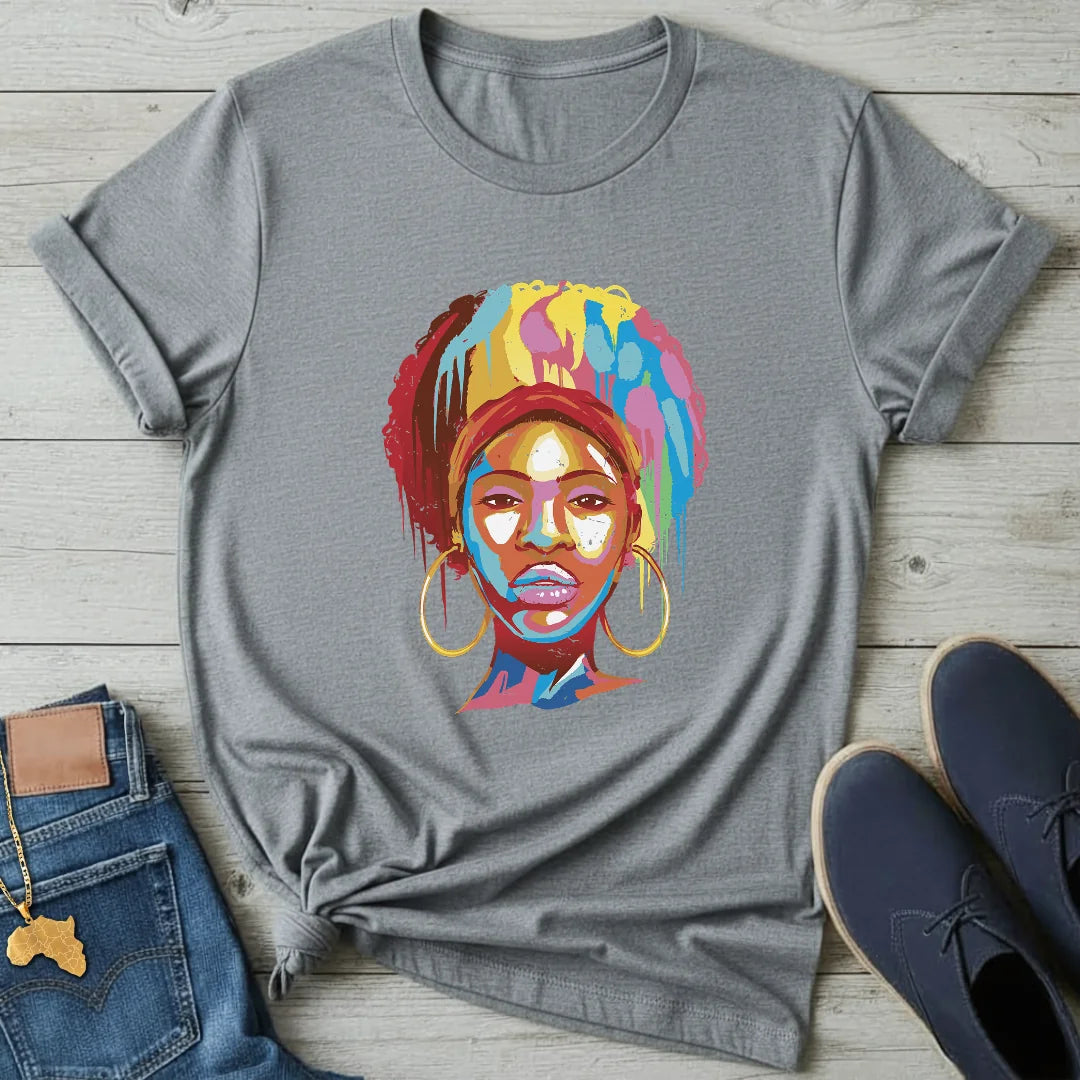 Color-Drip Afro Portrait T-Shirt