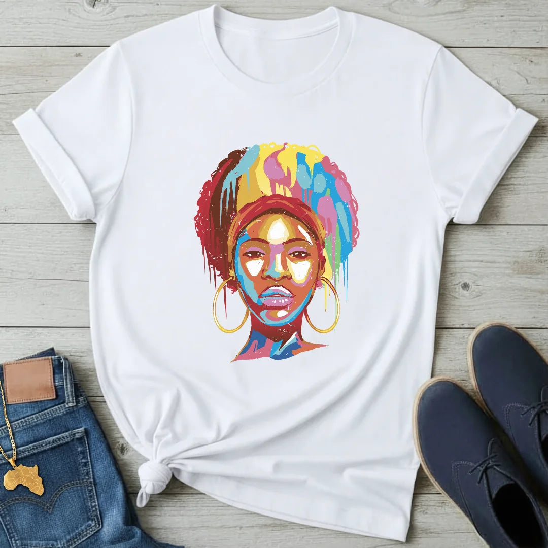Color-Drip Afro Portrait T-Shirt